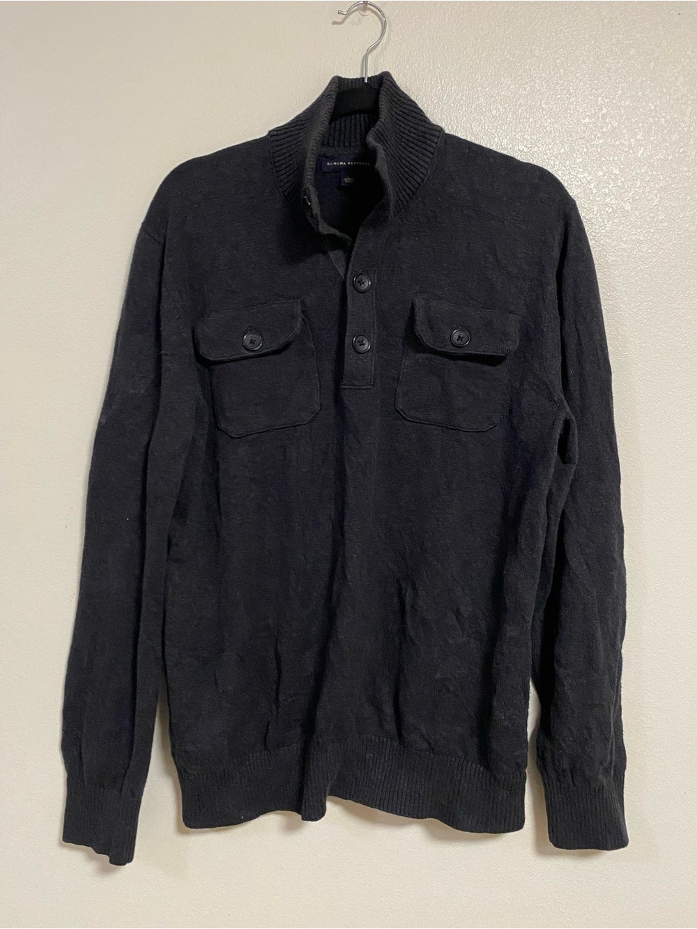 Banana Republic Sweater Men Size Large Charcoal Quarter Button Mock Neck Sweater